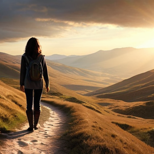 Home 14 **Prompt 1: Emotional Agility & Inner Compass**
A serene, thoughtful person standing calmly on a winding, luminous path that cuts through a dynamic, swirling landscape of abstract emotions – some bright and flowing, others darker but not overwhelming. A subtle, glowing compass symbol is visible at their heart or in their hand, radiating clarity and guiding their way. The overall mood is one of self-awareness, peace amidst internal complexity, and quiet strength. Soft, ethereal lighting.