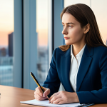 A focused professional woman, in a modest business blazer and smart trousers, sitting at a contemporary wooden desk, gently holding a pen with a thoughtful expression. The background is a blurred modern office interior with large windows showcasing a city skyline at dusk, emphasizing a sense of calm reflection and introspection. The lighting is soft and professional. Perfect anatomy, correct proportions, natural pose, well-formed hands, proper finger count, natural body proportions, fully clothed, modest clothing, appropriate attire, professional dress, safe for work, appropriate content, professional photography, high quality, highly detailed.