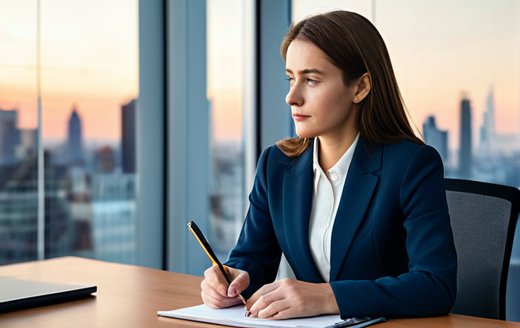 A focused professional woman, in a modest business blazer and smart trousers, sitting at a contemporary wooden desk, gently holding a pen with a thoughtful expression. The background is a blurred modern office interior with large windows showcasing a city skyline at dusk, emphasizing a sense of calm reflection and introspection. The lighting is soft and professional. Perfect anatomy, correct proportions, natural pose, well-formed hands, proper finger count, natural body proportions, fully clothed, modest clothing, appropriate attire, professional dress, safe for work, appropriate content, professional photography, high quality, highly detailed.