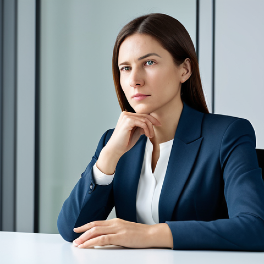 A serene professional woman in a modest business blazer and trousers, fully clothed, sitting thoughtfully at a sleek desk in a minimalist modern office. Her posture is natural and composed, reflecting a sense of inner strength and resilience amidst a subtle, abstract background that hints at dynamic change, without being chaotic or disturbing. Her well-formed hands are resting gently, displaying proper finger count. The atmosphere is one of focused contemplation and calm adaptability. Perfect anatomy, correct proportions, natural body proportions, professional dress, safe for work, appropriate content, family-friendly, high-quality professional photography, soft studio lighting.