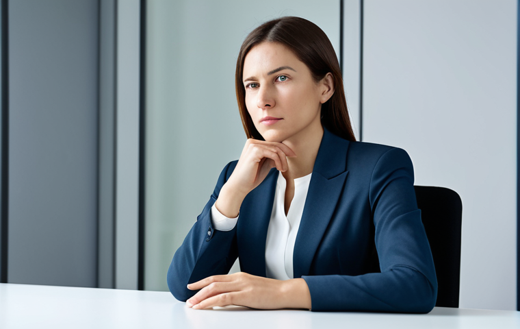 A serene professional woman in a modest business blazer and trousers, fully clothed, sitting thoughtfully at a sleek desk in a minimalist modern office. Her posture is natural and composed, reflecting a sense of inner strength and resilience amidst a subtle, abstract background that hints at dynamic change, without being chaotic or disturbing. Her well-formed hands are resting gently, displaying proper finger count. The atmosphere is one of focused contemplation and calm adaptability. Perfect anatomy, correct proportions, natural body proportions, professional dress, safe for work, appropriate content, family-friendly, high-quality professional photography, soft studio lighting.