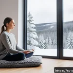 Home 17 정서적 민첩성을 기르기 위한 온라인 코스 추천 - A serene Scandinavian home office setting with a young adult woman practicing mindfulness meditation...