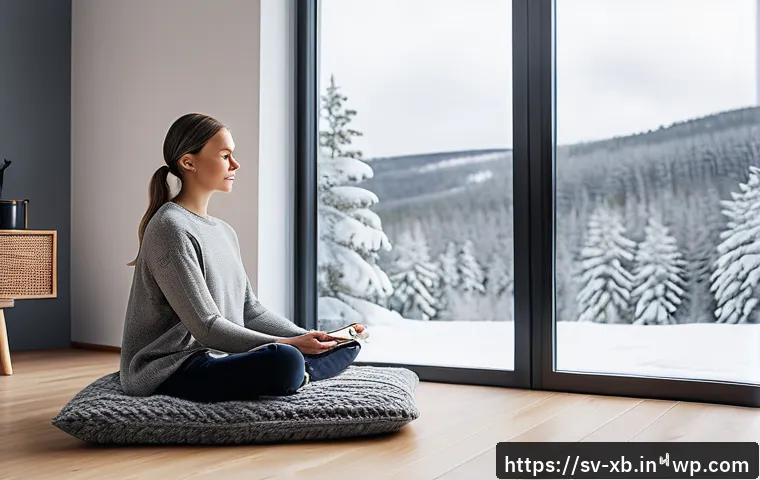 정서적 민첩성을 기르기 위한 온라인 코스 추천 - A serene Scandinavian home office setting with a young adult woman practicing mindfulness meditation...