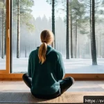 Home 16 정서적 민첩성을 높이는 자존감 향상 방법 - A serene Scandinavian morning scene featuring a young adult sitting cross-legged on a wooden floor i...