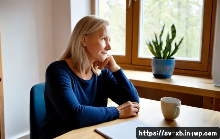 Home 17 정서적 민첩성 개발을 위한 감정 조절 기술 - Photorealistic Swedish woman in her fifties practicing emotional regulation at a tidy Scandinavian h...