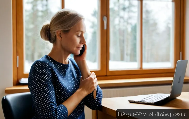 Home 17 정서적 민첩성 개발을 위한 실천적 접근 - Photorealistic Swedish home office scene illustrating emotional agility: a calm middle-aged woman pa...
