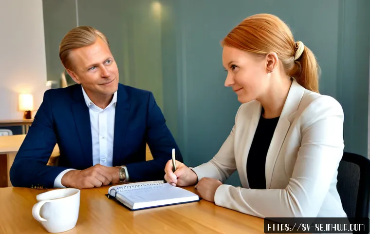 Home 17 정서적 민첩성을 높이기 위한 정기적인 피드백 - Photorealistic Scandinavian workplace feedback session, a middle-aged Swedish manager and employee s...